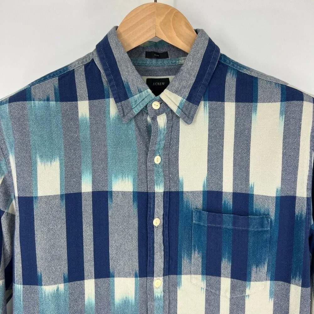 J.Crew Slim Button Down Dress Shirt Mens Size M Cotton Aztec Blue Flannel Pocket